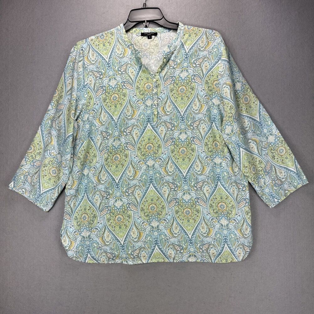 Anne Carson Top 1X Plus Blue Linen Blend Casual Cottagecore Coastal Classic